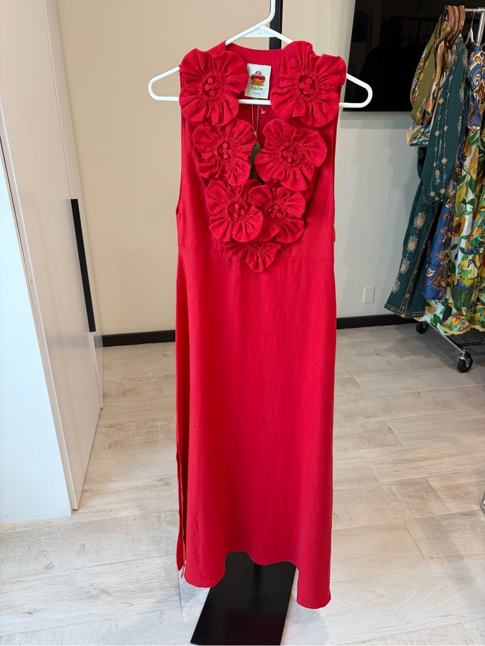 FARM Rio Bold Red Maxi Dress with Floral Neckline - Picture 9 of 15